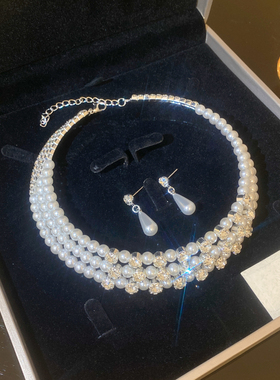 爆闪满钻仿珍珠双层项链耳环