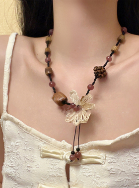 民族风木质花朵编织项链女