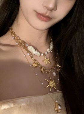 金色贝壳海星仿珍珠流苏项链2026新款叠戴锁骨链海边拍照个性颈链