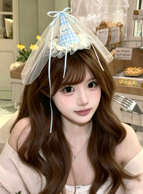 蓝色格子蝴蝶结生日帽发夹