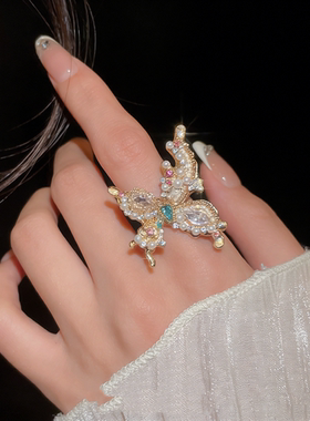 法式复古水钻蝴蝶戒指女