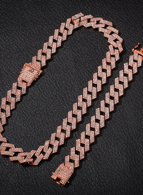 欧美镶钻古巴项链合金3排钻嘻哈项链男说唱大金链子义乌饰品批发