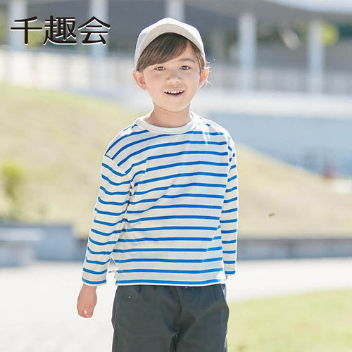 千趣会童装儿童26年春秋长袖棉T恤男女童条纹打底上衣 - 图0