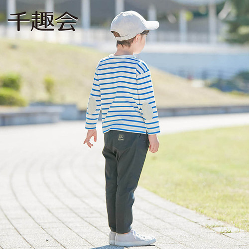 千趣会童装儿童26年春秋长袖棉T恤男女童条纹打底上衣 - 图1