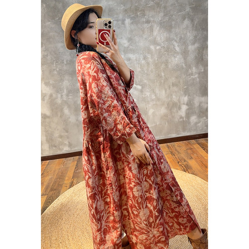 YIMIAN 宝藏亚麻民族风V领碎花高端优雅休闲高腰显瘦连衣裙26065 - 图0