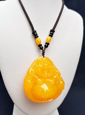 爆款蜜蜡色吊坠项链琥珀血珀大肚笑佛白蜜挂坠观音蓝珀男女毛衣链