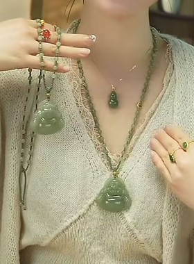 和田色晴水绿大佛公吊坠手工编织绳弥勒佛项链轻奢小众新款