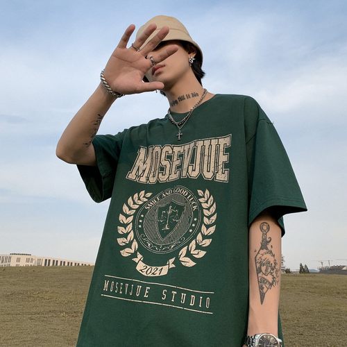 欧美潮牌t恤纯棉墨绿色短袖男夏季高街vibe美式复古小领口七分袖 - 图0