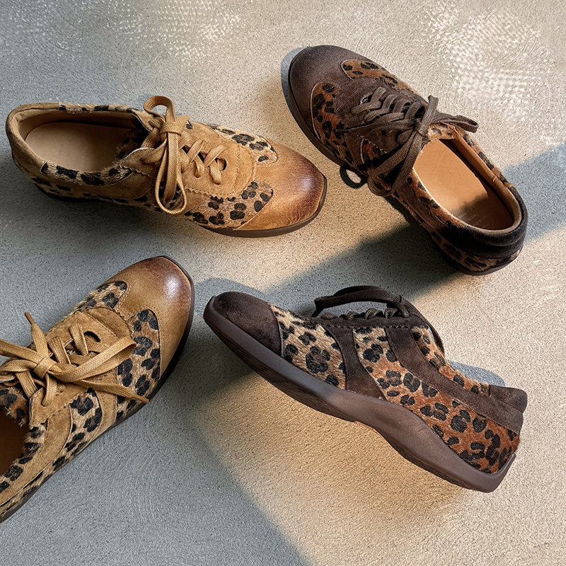 真皮豹纹德训鞋女复古松糕厚底深口系带单鞋舒适平底休闲运动鞋软,淘宝优惠券,粉丝福利购,淘宝优惠卷