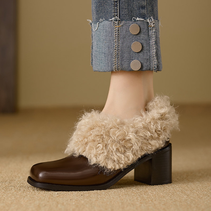 时髦精方头加绒羊毛真皮乐福鞋女高跟粗跟小皮鞋秋冬小个子毛毛鞋,淘宝优惠券,粉丝福利购,淘宝优惠卷