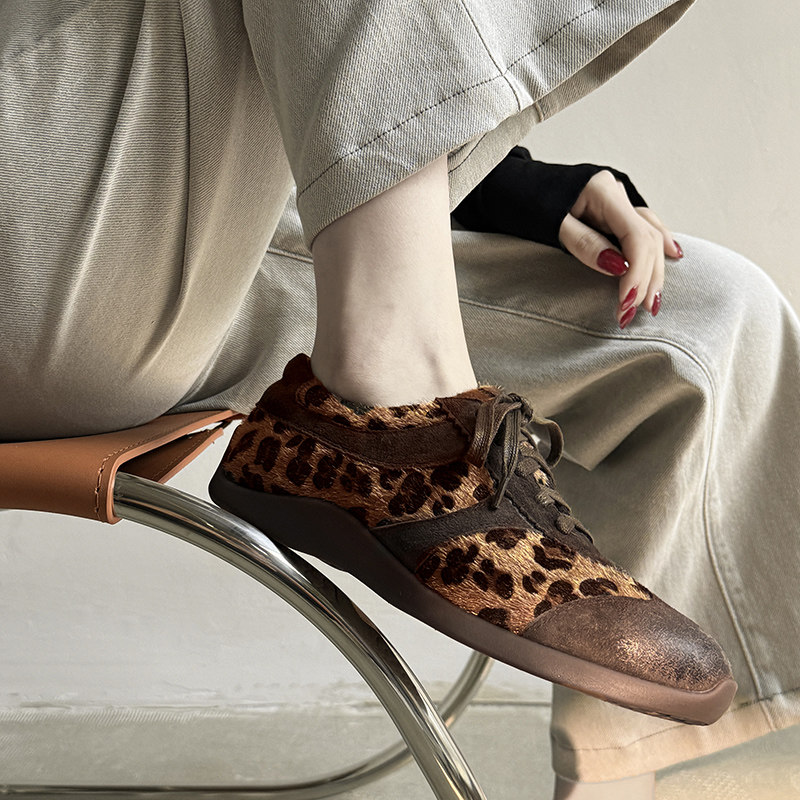 真皮豹纹德训鞋女复古松糕厚底深口系带单鞋舒适平底休闲运动鞋软,淘宝优惠券,粉丝福利购,淘宝优惠卷