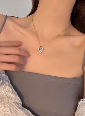 欧拉拉轻奢金色水晶爱心锁骨链