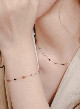 【天然彩色石头】小众不撞款个性项链女新款手链钛钢脚链不掉色