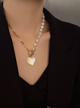 异形珍珠小众爱心款钛钢项链