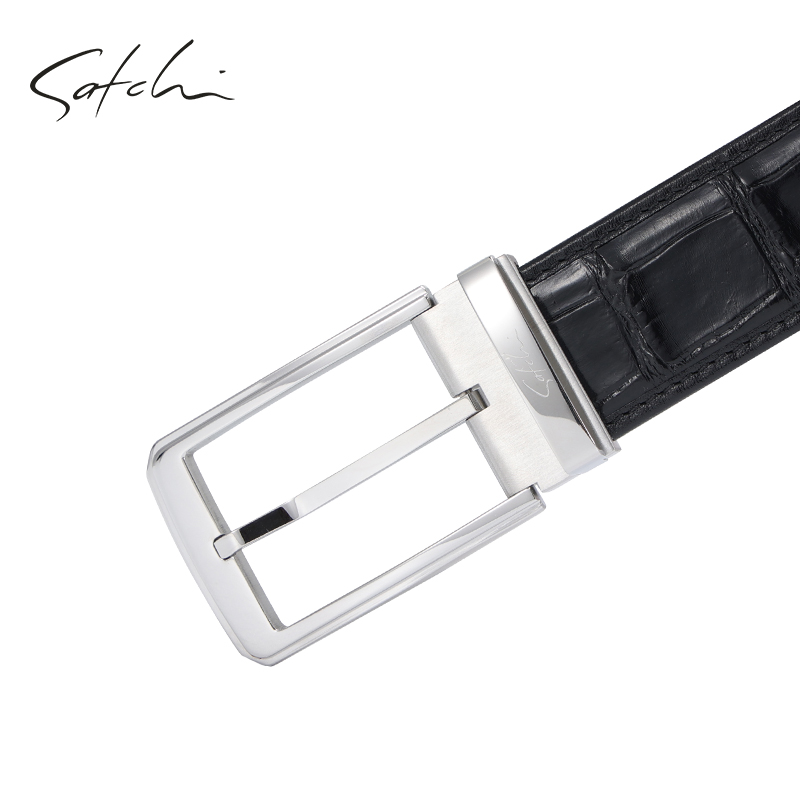 沙驰皮带男真皮商务大气不锈钢裤带2025新款高端鳄鱼皮针扣腰带