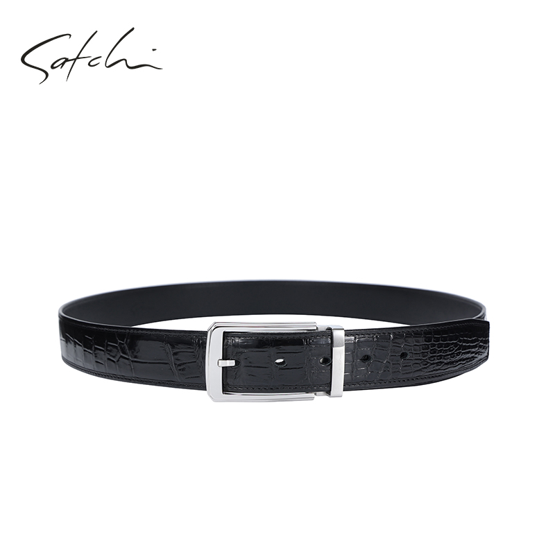 沙驰皮带男真皮商务大气不锈钢裤带2025新款高端鳄鱼皮针扣腰带