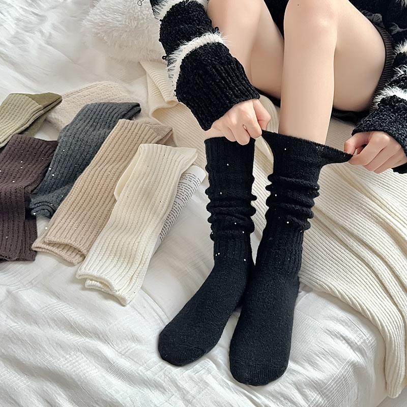 棉羊毛秋冬中长袜子韩版小腿袜女堆堆袜亮片潮袜纯色百搭及膝女袜,淘宝优惠券,粉丝福利购,淘宝优惠卷