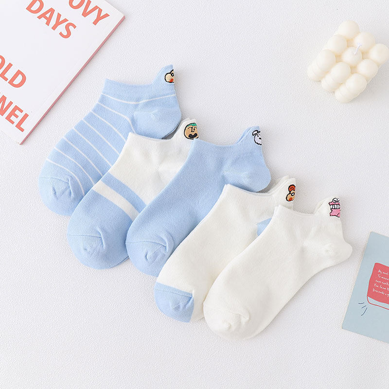 蜡笔小新棉袜刺绣卡通浅口低帮短筒船袜拼接条纹学生可爱防臭吸汗,淘宝优惠券,粉丝福利购,淘宝优惠卷