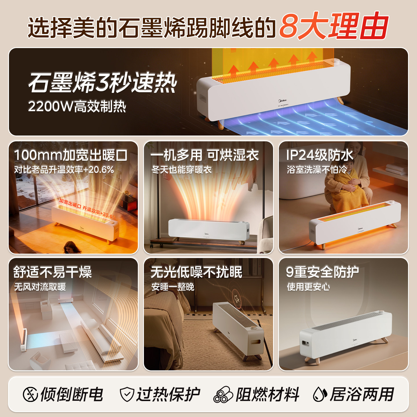 美的石墨烯踢脚线取暖器家用电暖气节能浴室办公室烤火炉暖风机