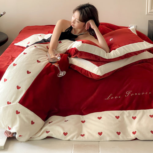 浪漫爱心刺绣牛奶绒四件套冬季保暖宝宝绒红色结婚被套床单床笠 - 图0