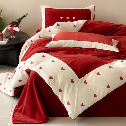 浪漫爱心刺绣牛奶绒四件套冬季保暖宝宝绒红色结婚被套床单床笠 - 图1