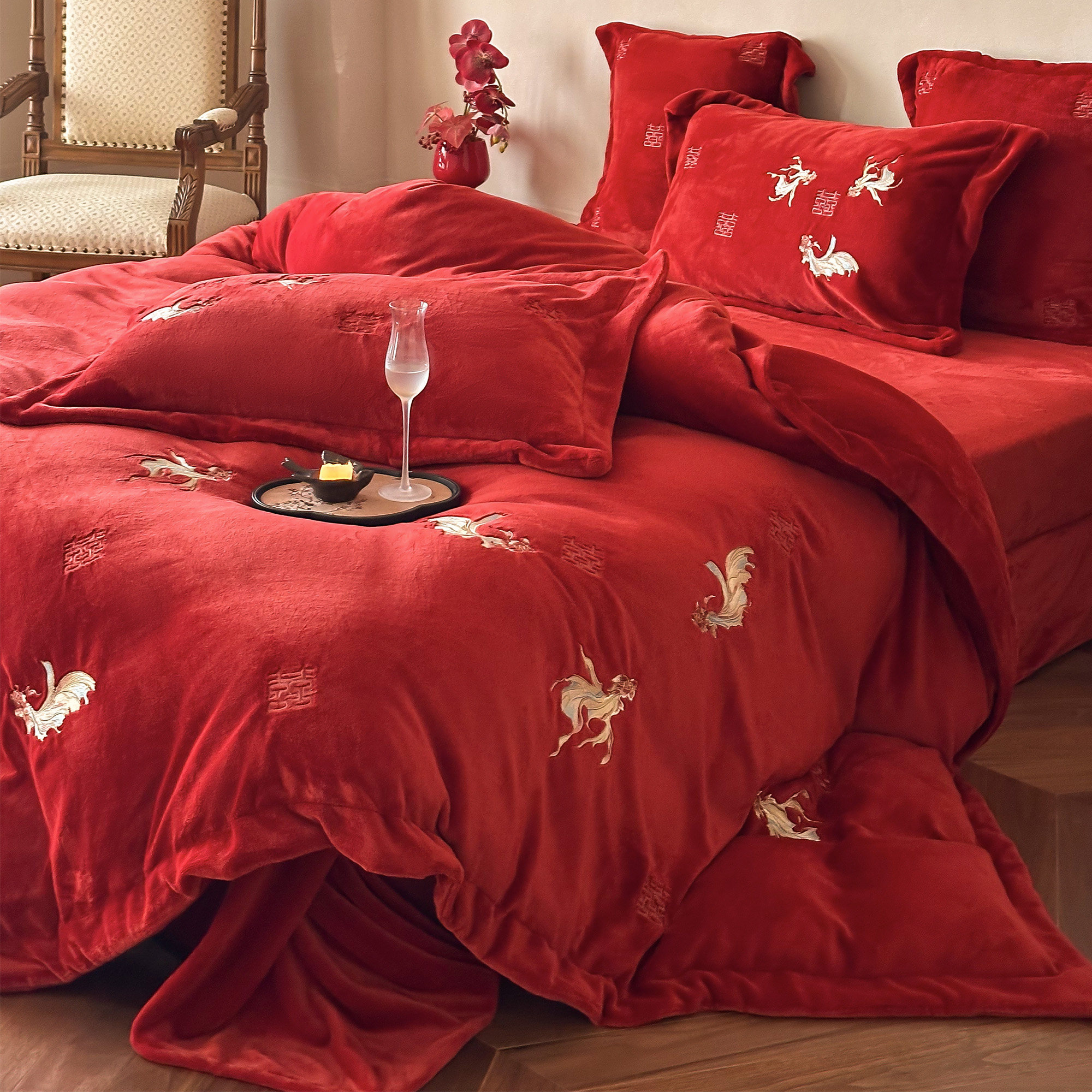 LANSWAY金鱼刺绣牛奶绒婚庆四件套冬天保暖红色结婚被套床单床笠,淘宝优惠券,粉丝福利购,淘宝优惠卷