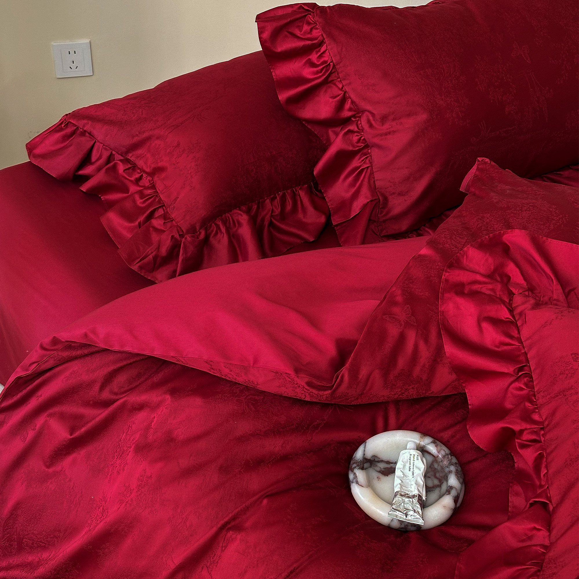 法式浪漫花边婚庆四件套纯棉100S长绒棉提花红色结婚被套床单床笠,淘宝优惠券,粉丝福利购,淘宝优惠卷