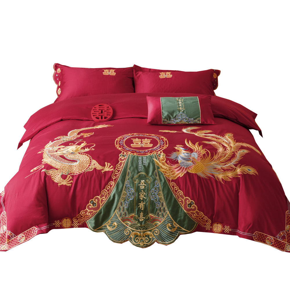 中式婚庆龙凤喜礼床上四件套全棉100S纯棉大红色结婚被套床单床盖 - 图3