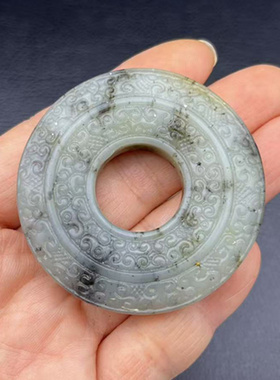岫玉平安扣吊坠挂件仿古回云纹水墨圆扣玉璧玉佩玉坠古风汉服腰佩