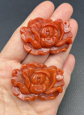 仿红翡烤色牡丹花手牌吊坠挂件凤戏牡丹锁骨链帽正帽花DIY 玉饰品
