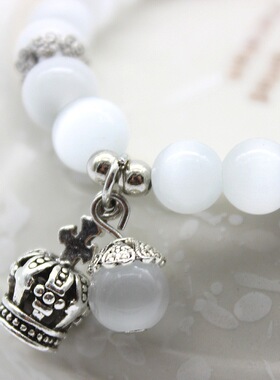 苗银猫眼石串珠手链女少女心铃铛