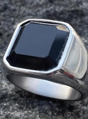 轻奢方形时尚黑色锆石抛光戒指男士高级感不掉色欧美创意男士指环