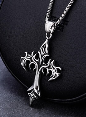 高级感欧美霸气火焰十字架造型吊坠时尚饰品潮男士不掉色复古项链