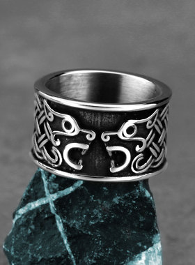 维京双狼头钛钢戒指欧美嘻哈潮流