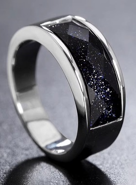 时尚简约欧美宝石男女钛钢戒指指环黑色宝石蓝砂石时尚轻奢指环