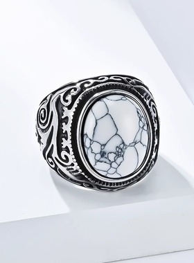 欧美复古雕花镶嵌虎眼宝石钛钢戒指男士个性黑白松石高级感扳指