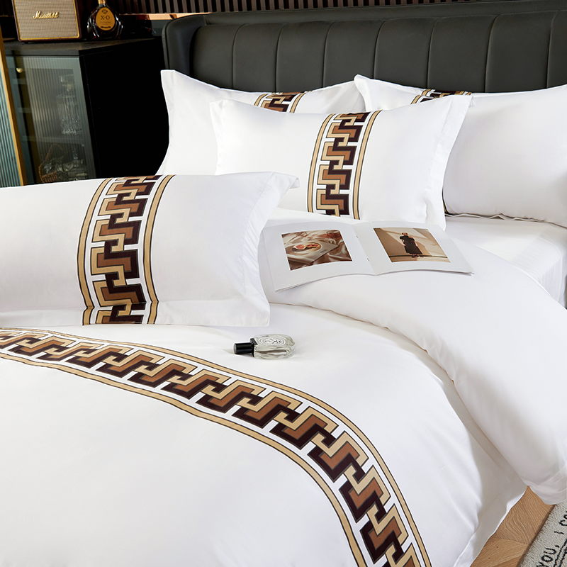 酒店布草宾馆床上用品100全棉纯棉民宿专用色织印花床尾巾四件套 - 图0