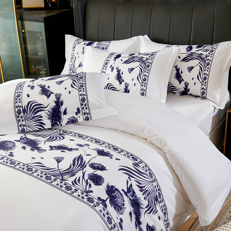 酒店布草宾馆床上用品100全棉纯棉民宿专用色织印花床尾巾四件套 - 图3