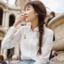 [Giảm giá 30%] Inman 2019 mùa thu mới phong cách Áo sơ mi cotton thêu thêu túi áo sơ mi dài tay nữ - Áo sơ mi áo sơ mi nữ cổ trụ Áo sơ mi