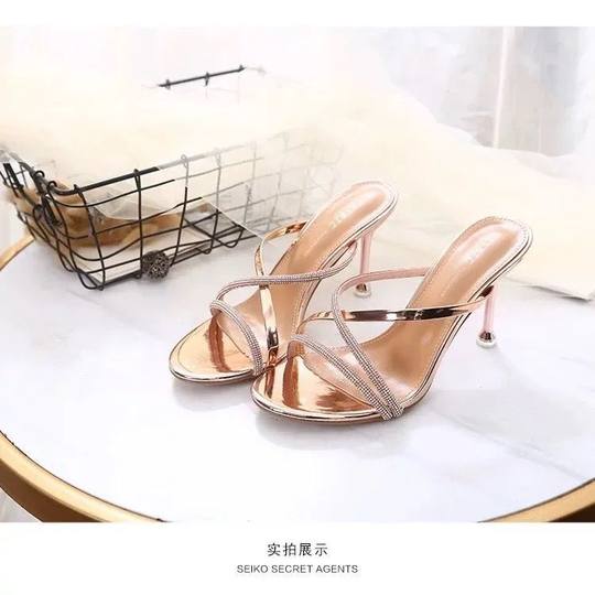 2023 summer new rhinestone high heel sandals for women with thin heels and open toes versatile one-strip half-slippers wear on the outside internet celebrity