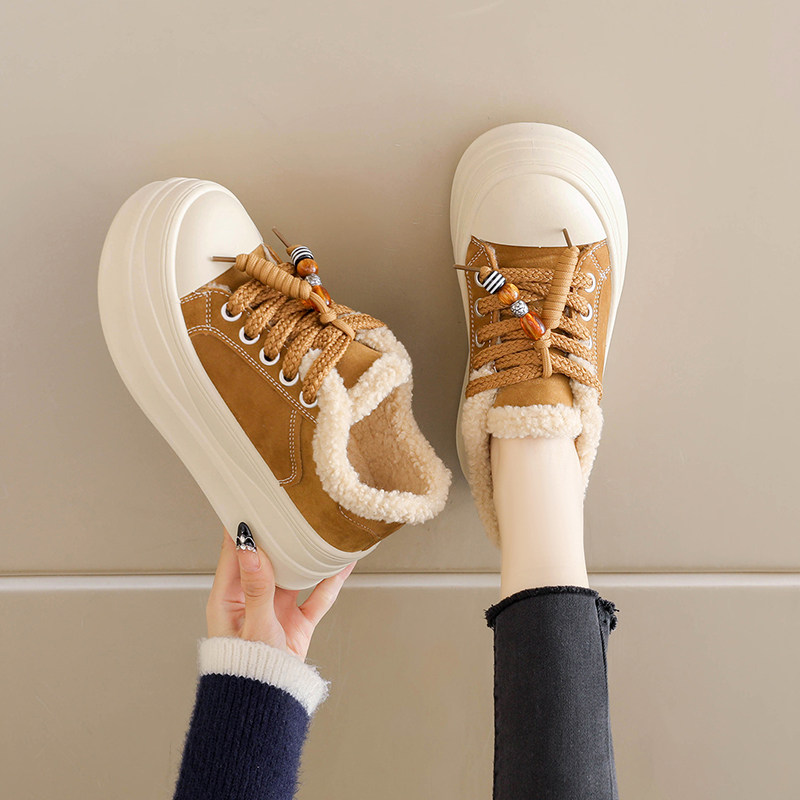 加绒加厚棉鞋女2025冬季羊羔毛厚底运动板鞋34码小个子增高面包鞋,淘宝优惠券,粉丝福利购,淘宝优惠卷
