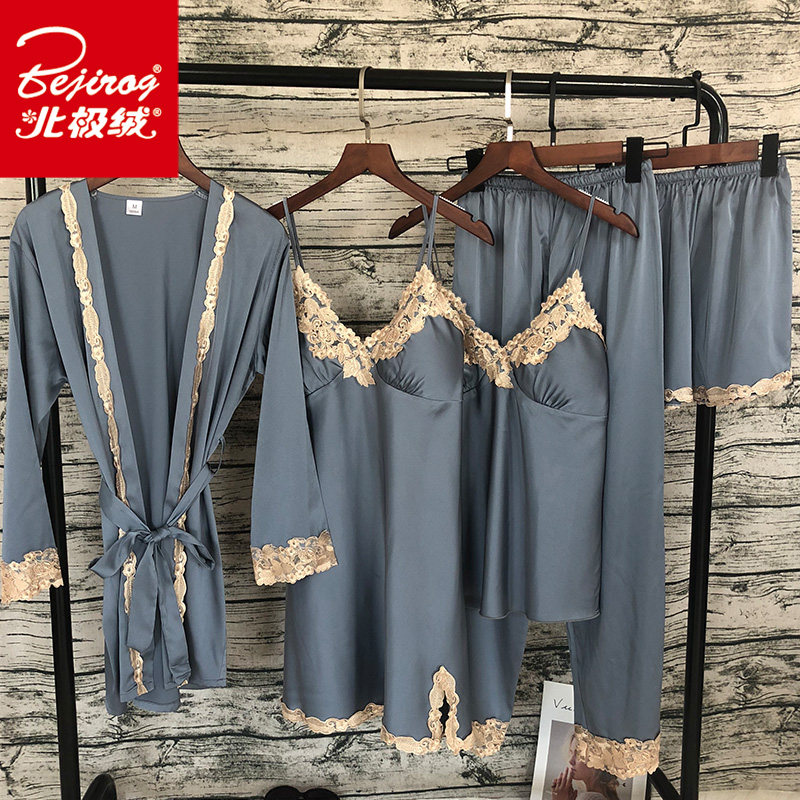 胸垫五件套韩版丝绸秋冬季性感睡袍 北极绒百盈睡衣/家居服套装