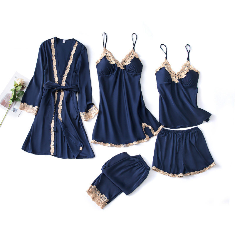 春秋五件套冰丝绸性感吊带带睡裙 北极绒百盈睡衣/家居服套装