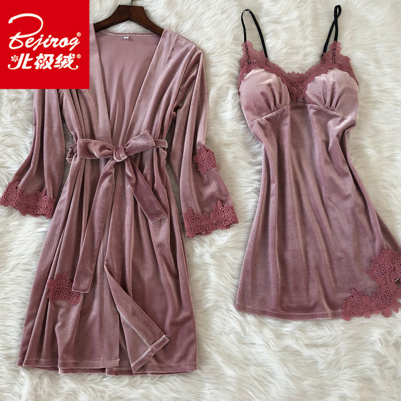 金丝绒性感女春秋冬吊带带长睡裙 北极绒百盈睡衣/家居服套装