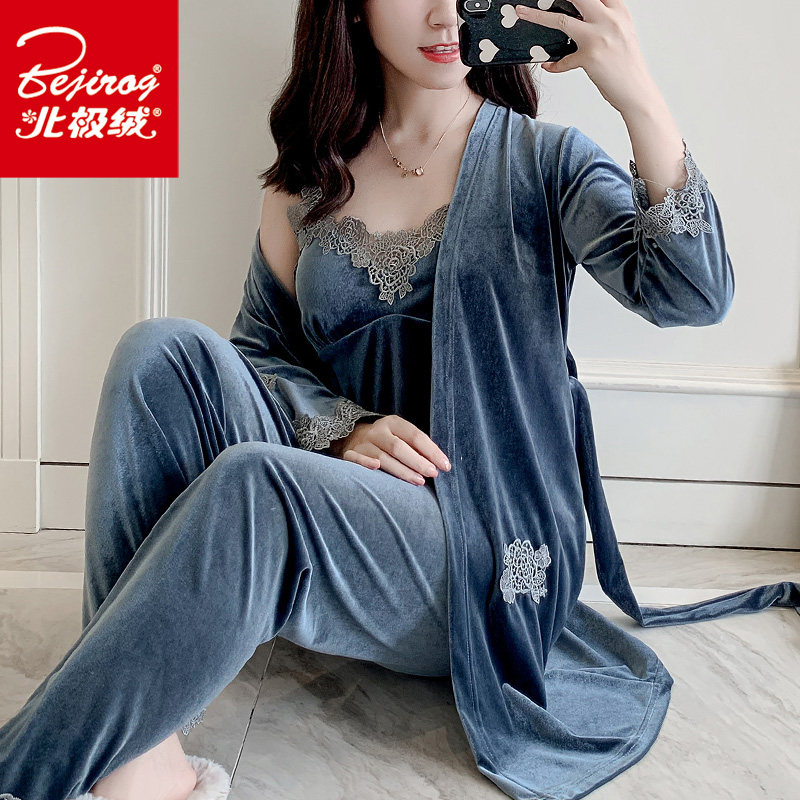 性感四件套睡袍长袖套装金丝绒睡衣 北极绒百盈睡衣/家居服套装
