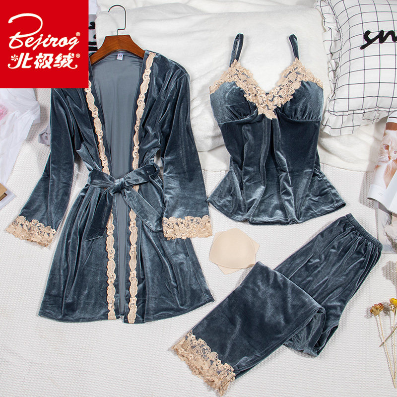 女春秋冬金丝绒四件套装带胸垫睡裙 北极绒百盈睡衣/家居服套装