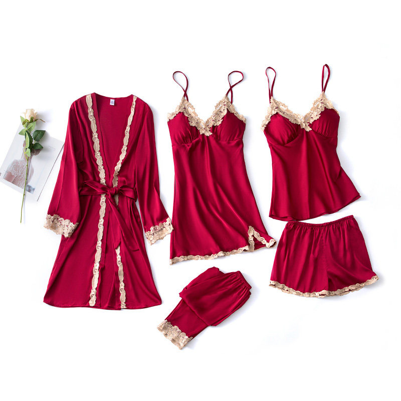 春秋五件套冰丝绸性感吊带带睡裙 北极绒百盈睡衣/家居服套装