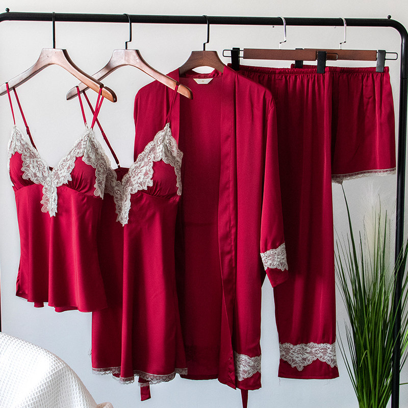 五件套夏季冰丝性感睡裙丝绸吊带裙 北极绒百盈睡衣/家居服套装
