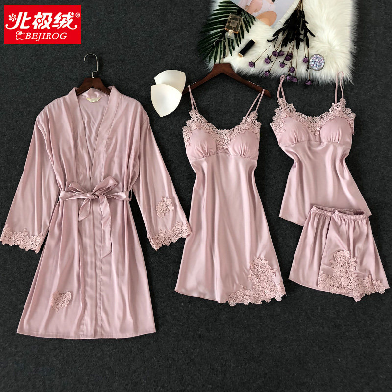 性感女夏睡袍四件套冰丝带吊带裙 北极绒百盈睡衣/家居服套装