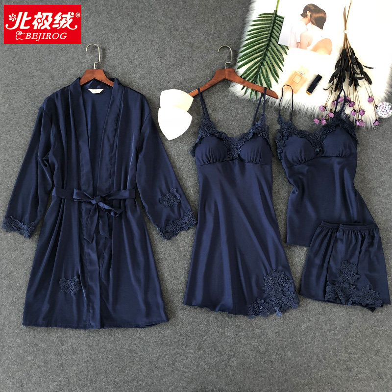 性感女夏睡袍四件套冰丝带吊带裙 北极绒百盈睡衣/家居服套装